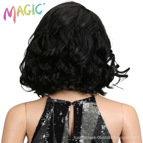 Magic Hair Short Loose Wavy Bob Wigs 12"inch Black Synthetic Front Lace Wigs For African American Women High Temperature Fiber